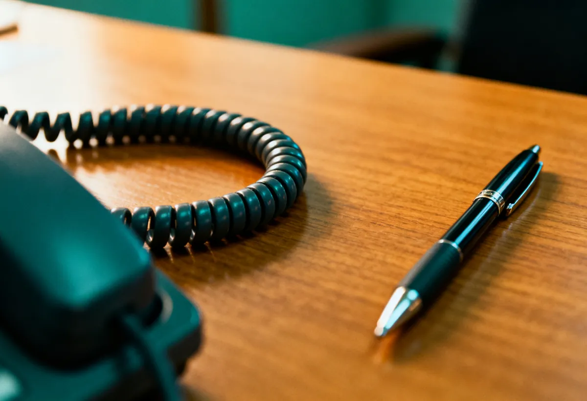 Gros plan sur un cordon de téléphone spiralé et un stylo