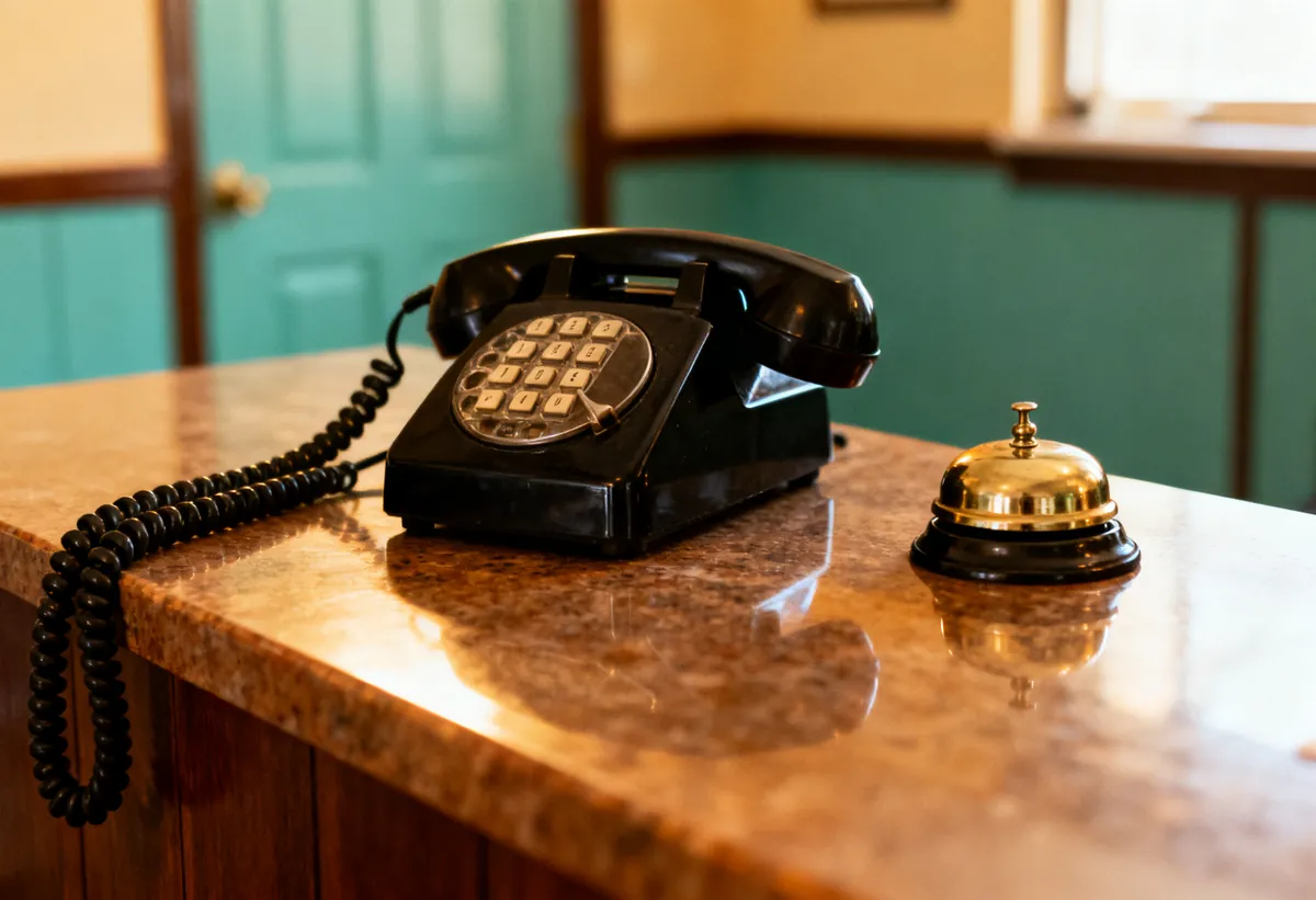 Téléphone de bureau ancien sur le comptoir d'accueil d'une petite pension
