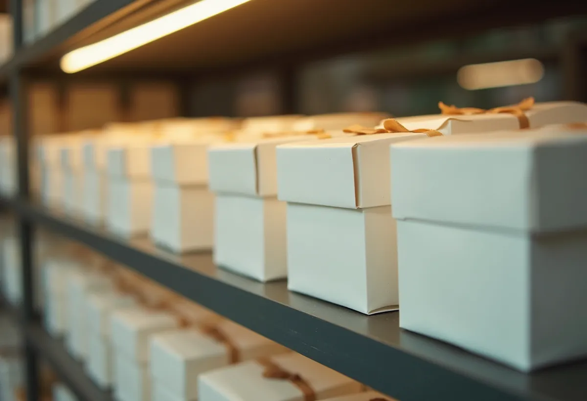 Étagère de boîtes à gâteaux rangées en attente de retrait