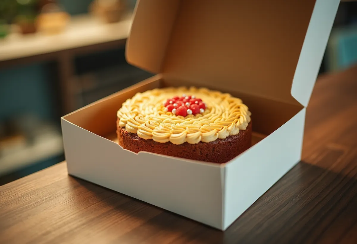 Gâteau de fête dans une boîte de pâtisserie ouverte sur le comptoir