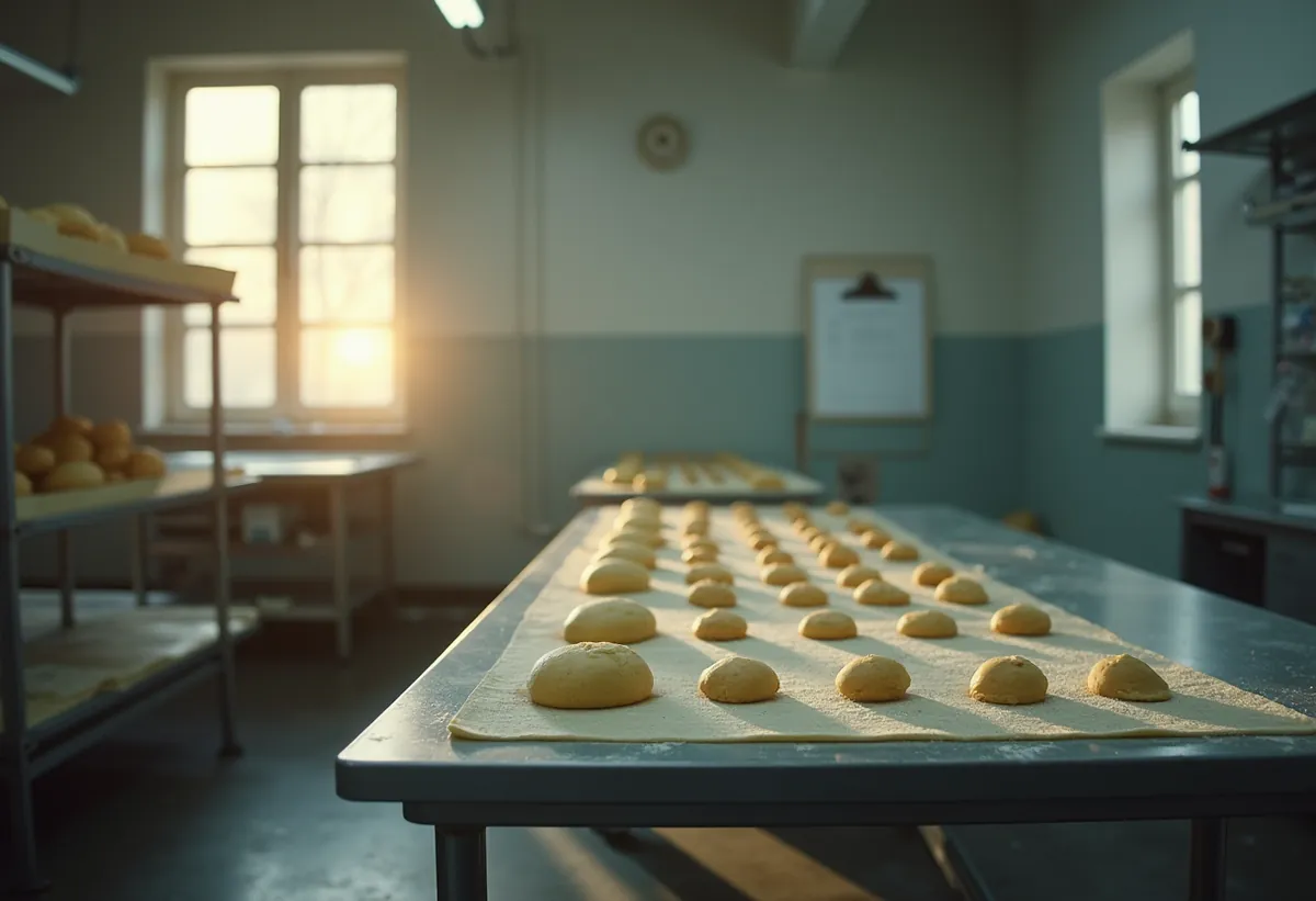 Fournil avec une table inox, des plaques de pâtons et un porte-bloc accroché au mur