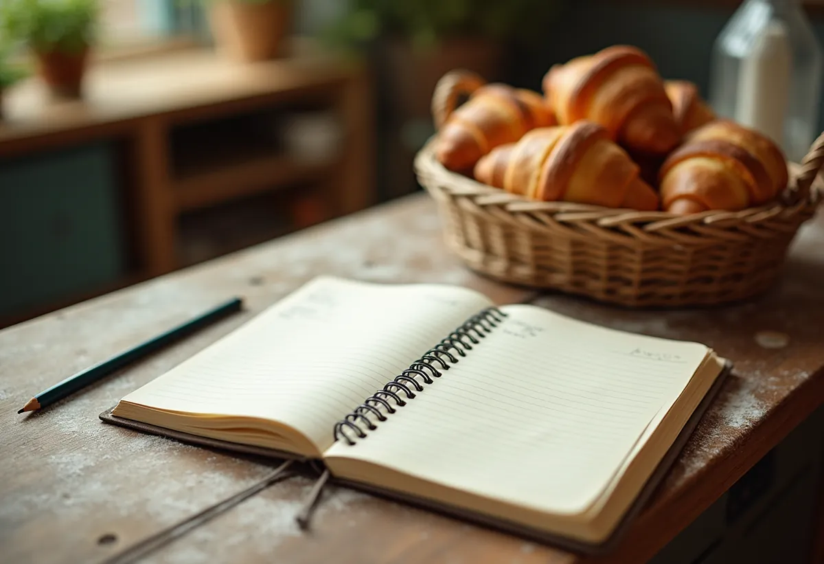 Cahier de commandes ouvert sur le comptoir d'une boulangerie, à côté d'une corbeille de croissants