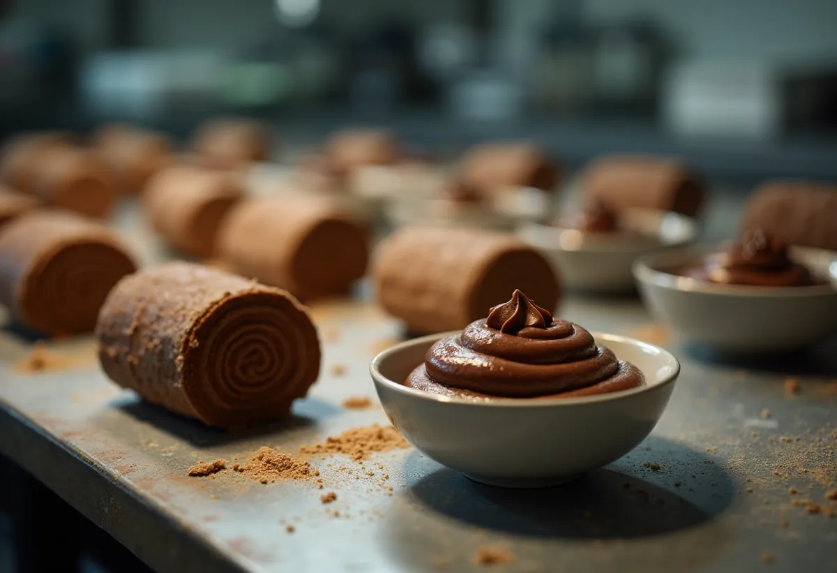 Plan de travail de pâtisserie avec des moules à bûche alignés