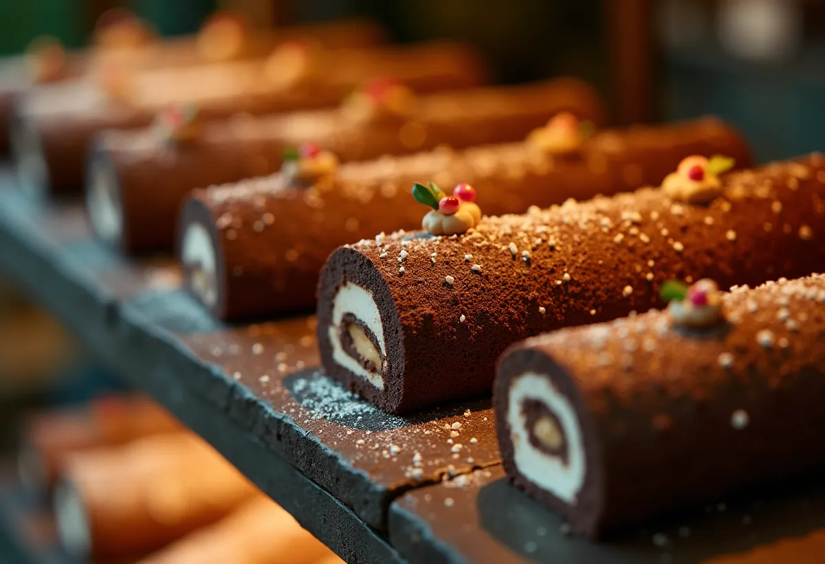 Bûches de Noël alignées sur une étagère de pâtisserie