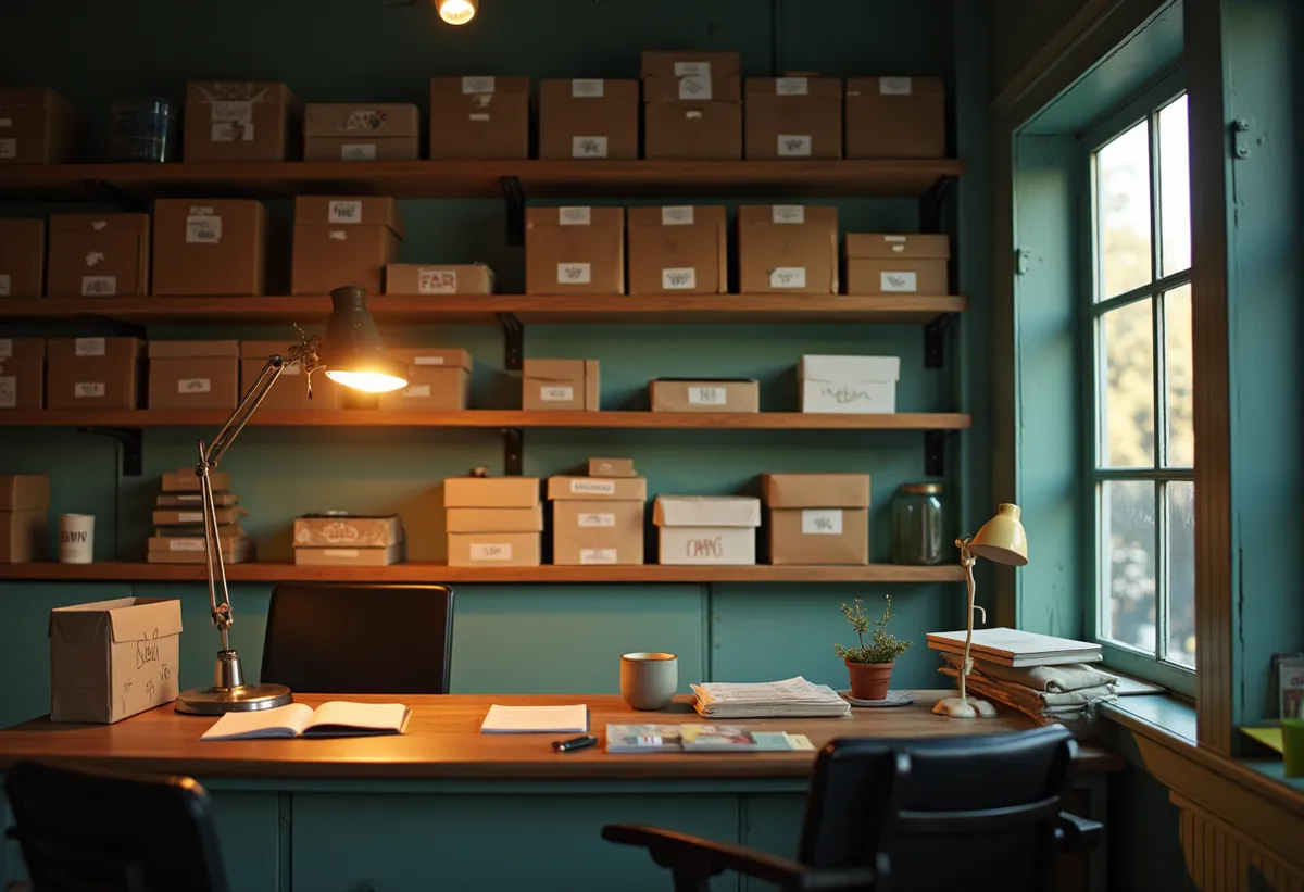 Arrière-boutique rangée avec des étagères de cartons et une lampe de bureau