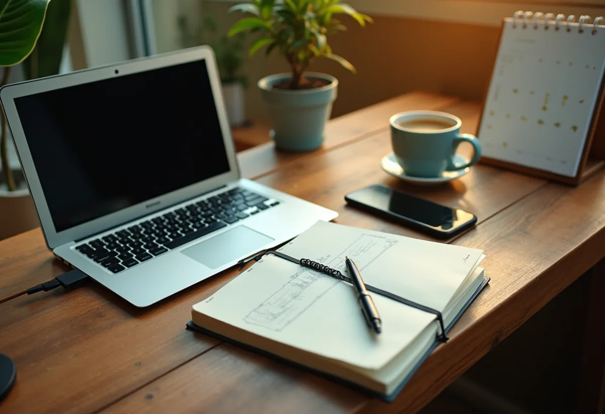 Bureau en bois vu de dessus avec un ordinateur portable, un carnet fermé, un café et un téléphone