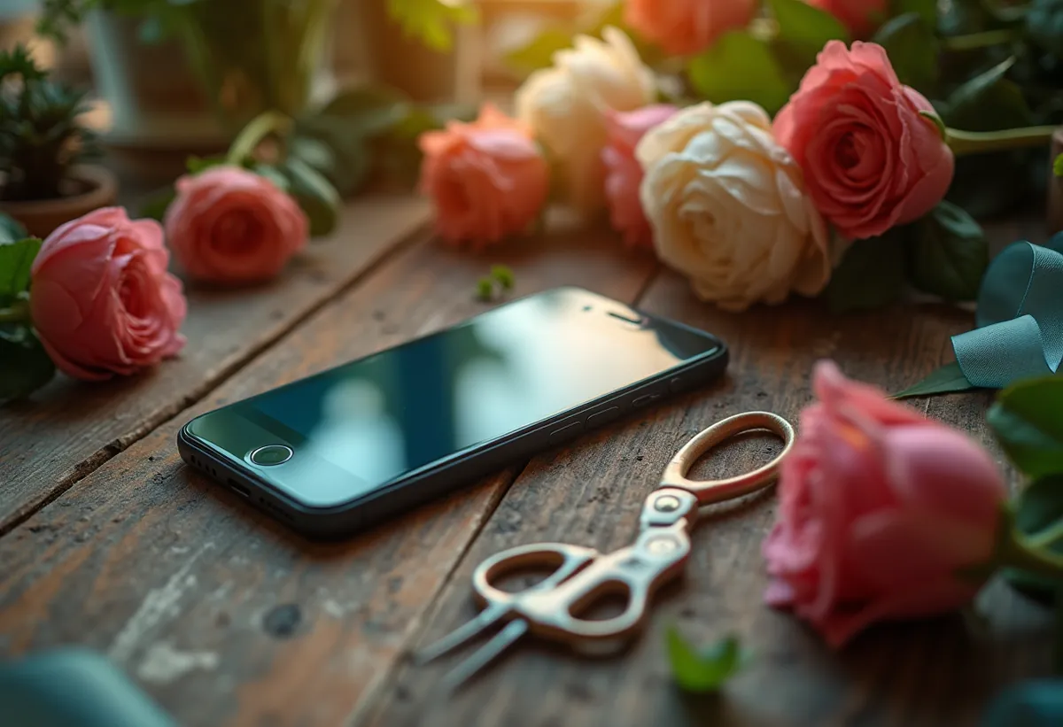 Téléphone posé sur l'établi d'un fleuriste parmi les fleurs