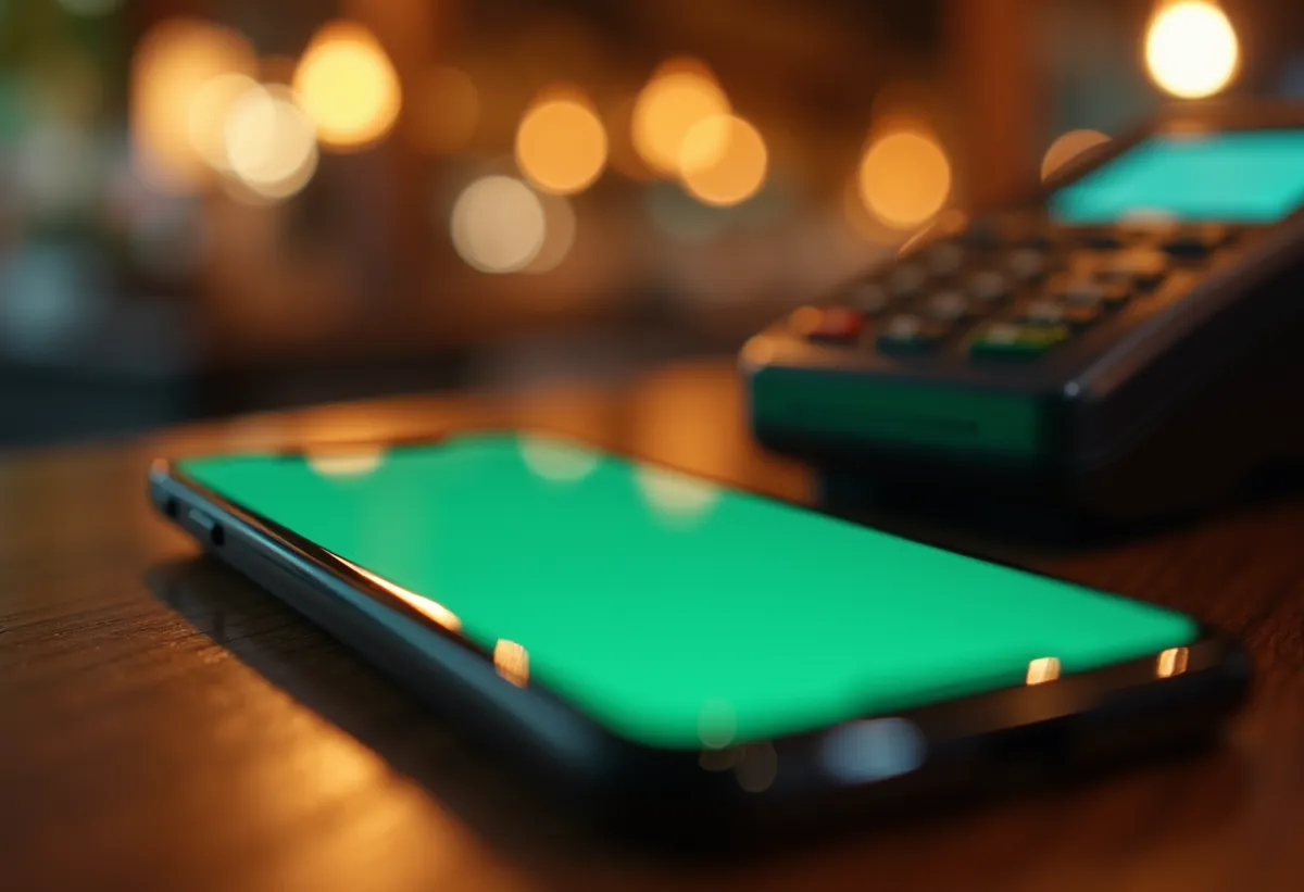 Téléphone posé sur un comptoir de restaurant à côté d'un terminal de paiement, écran de messagerie allumé