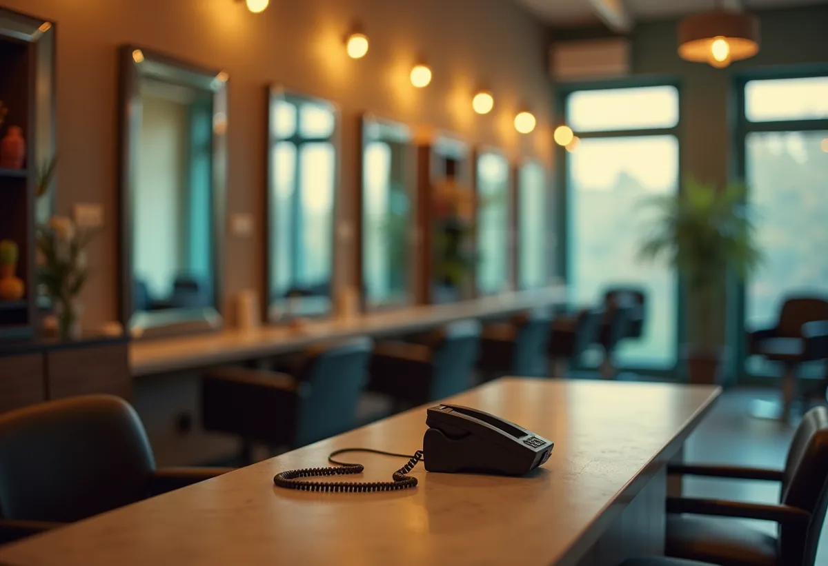 Téléphone sur le comptoir d'accueil d'un salon de coiffure