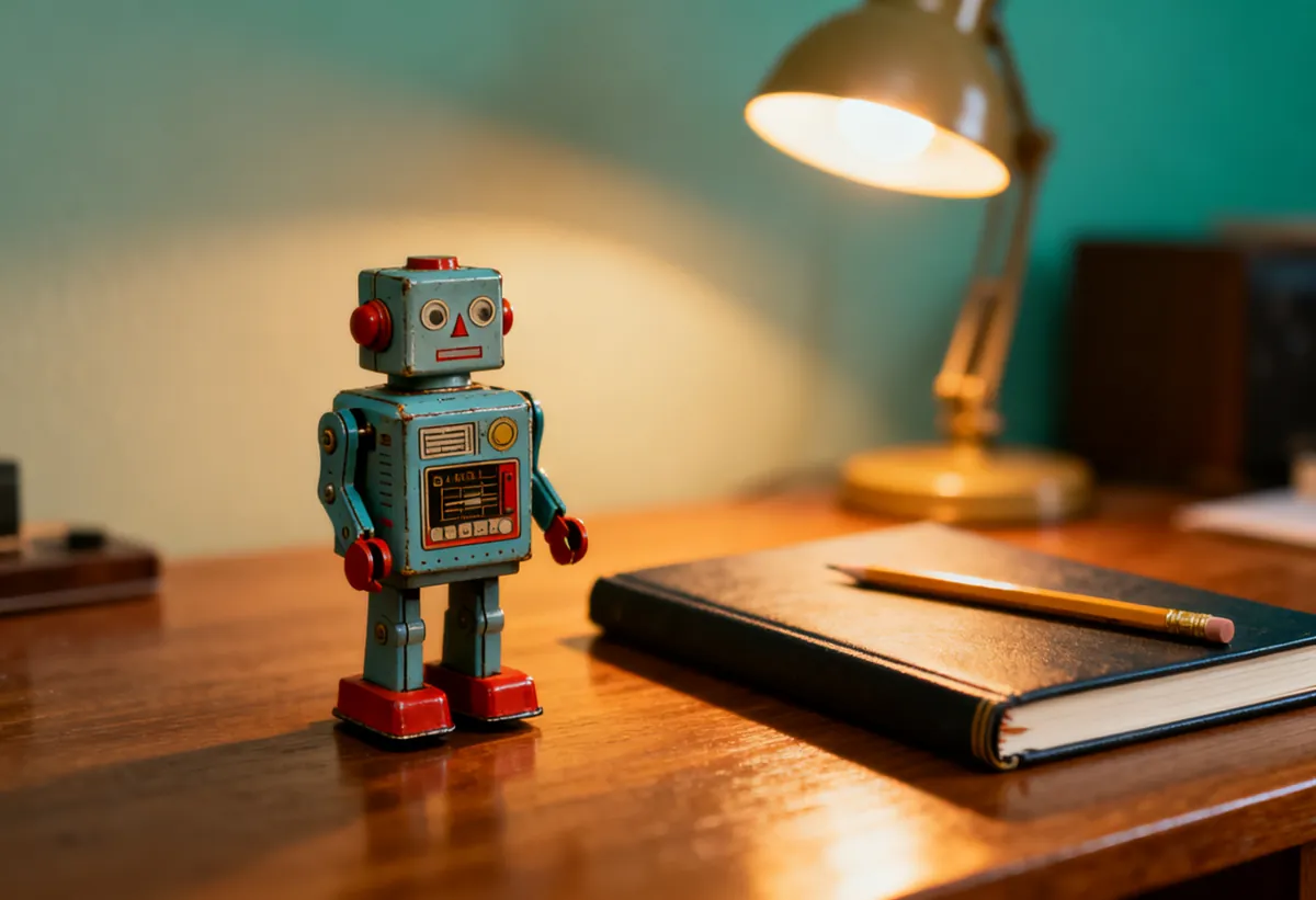 Petit robot en fer-blanc posé sur un bureau à côté d'un carnet