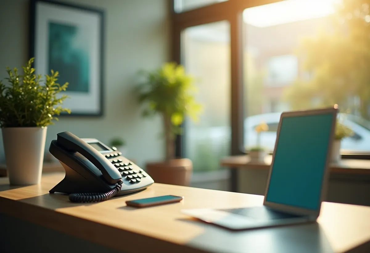 Accueil d'un cabinet avec un téléphone fixe et un smartphone côte à côte