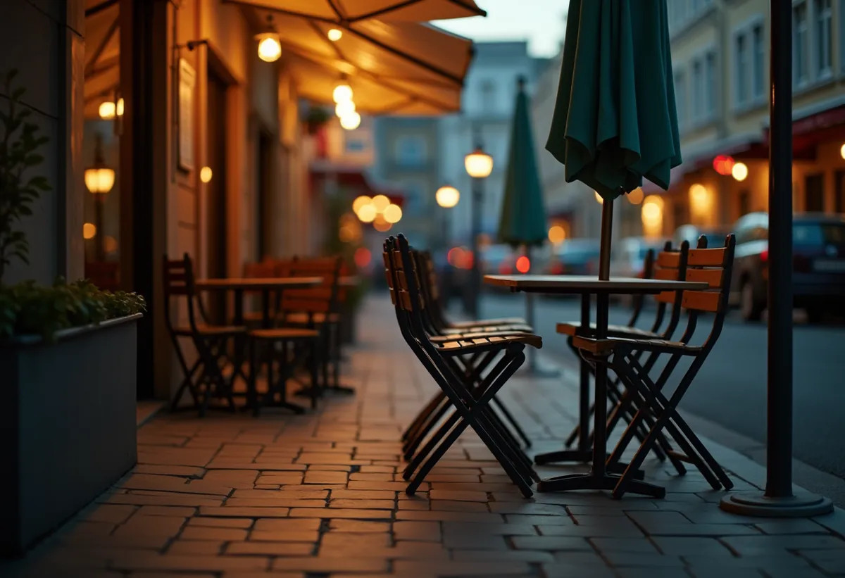 Chaises de terrasse empilées à la tombée du jour