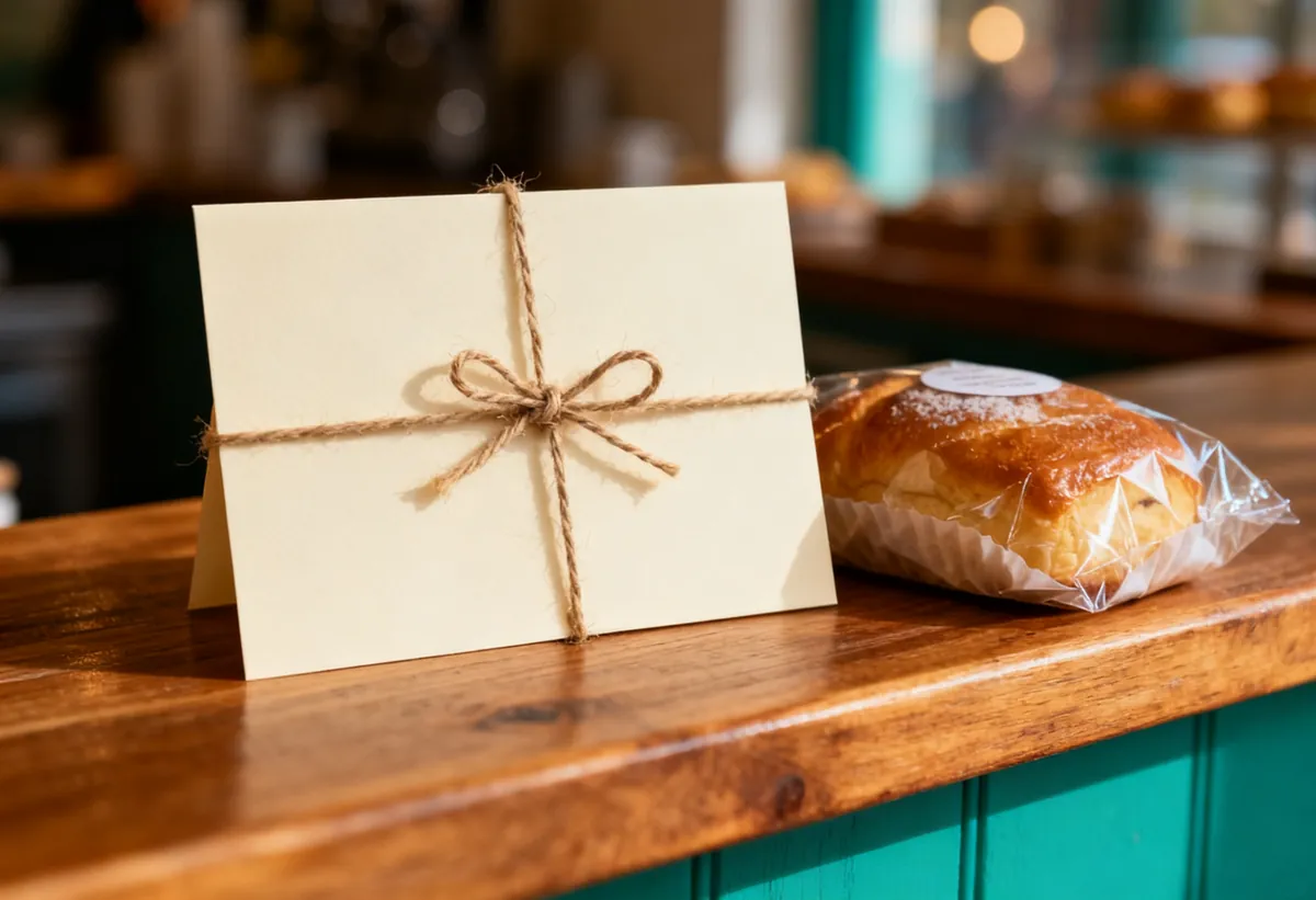 Petite carte de remerciement vierge posée près d'une pâtisserie emballée