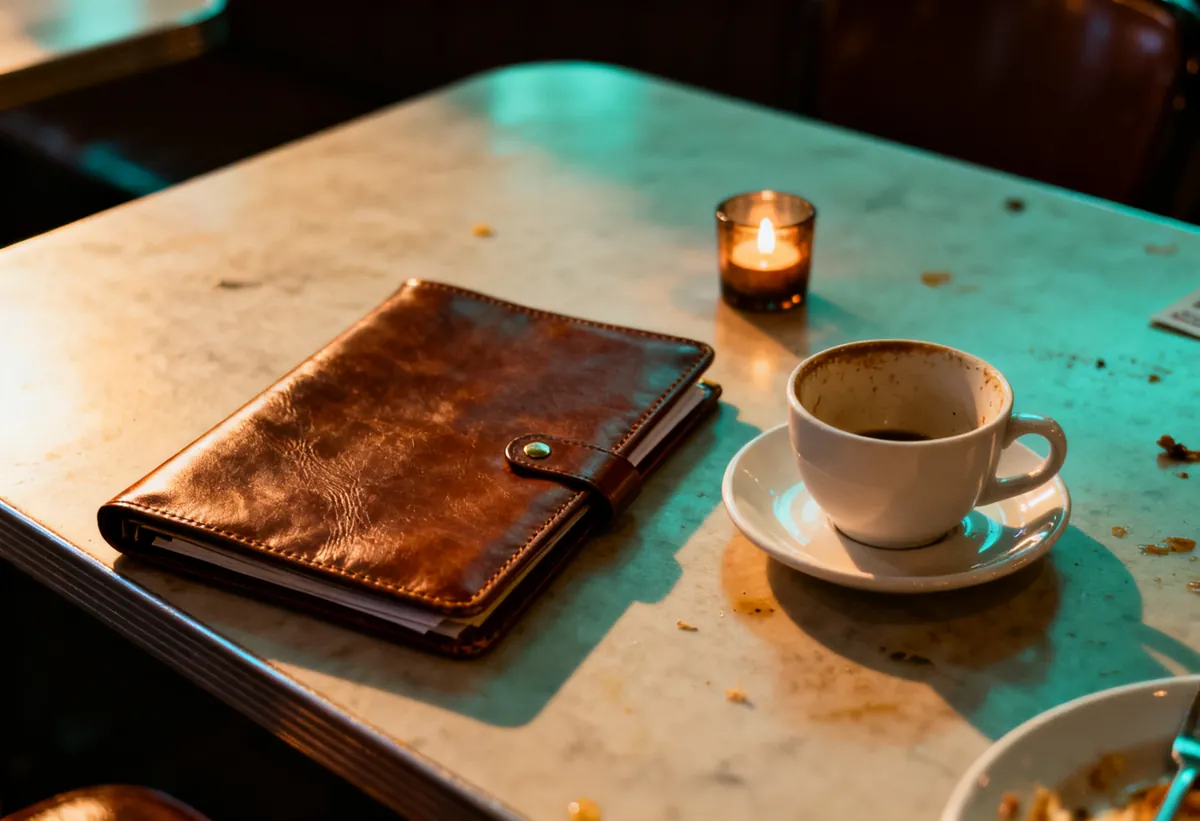 Table de restaurant en fin de repas avec une bougie et un porte-addition fermé