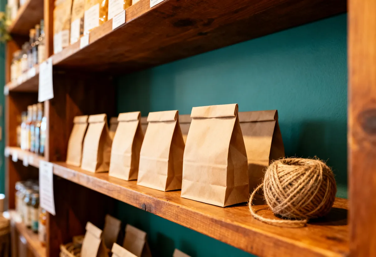 Étagère de boutique avec de petits sachets en papier et une pelote de ficelle