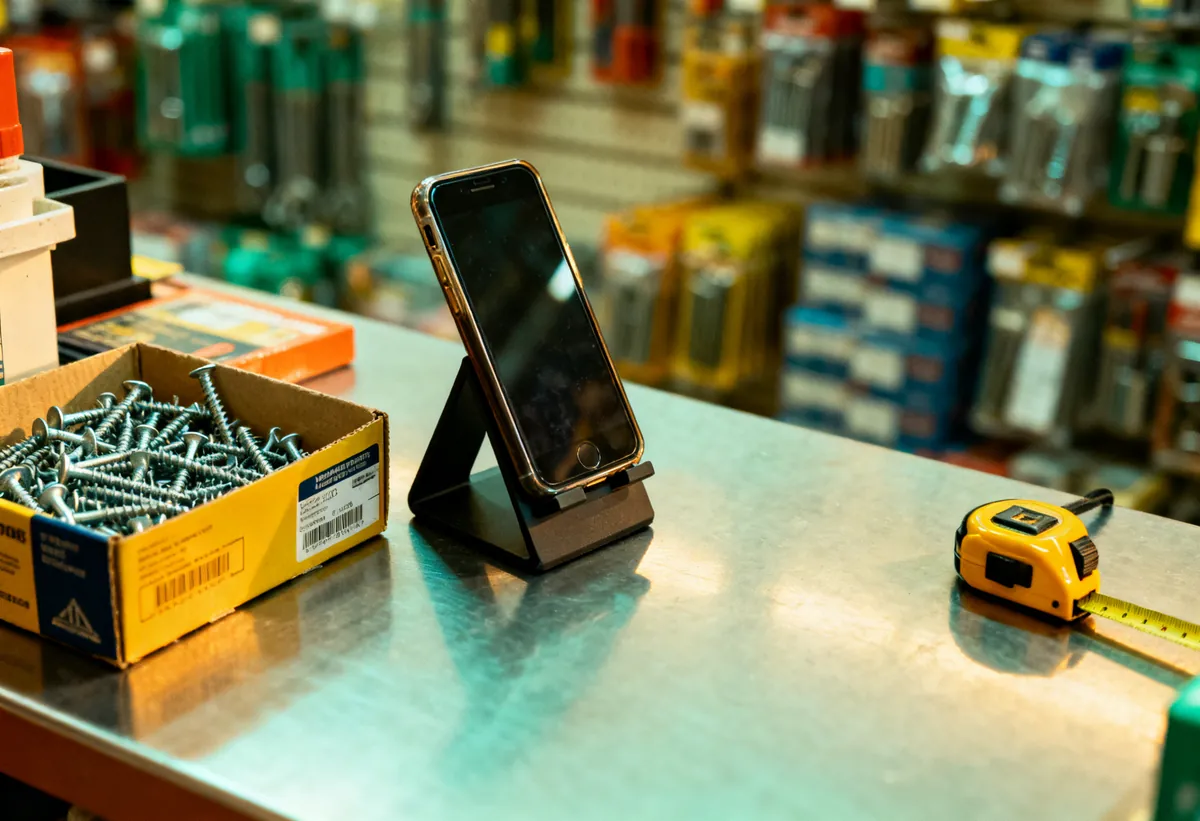 Comptoir de quincaillerie avec un téléphone sur son support et une boîte de vis