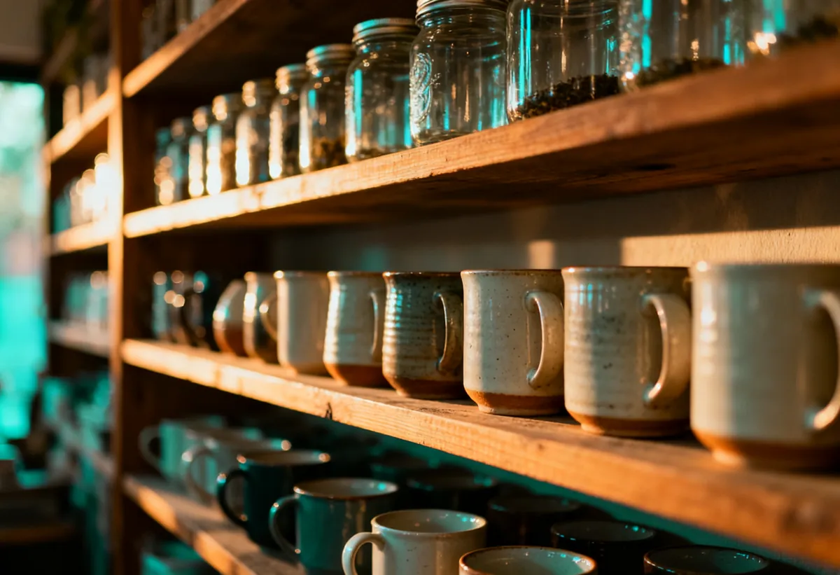 Étagère en bois avec des tasses en céramique et des bocaux