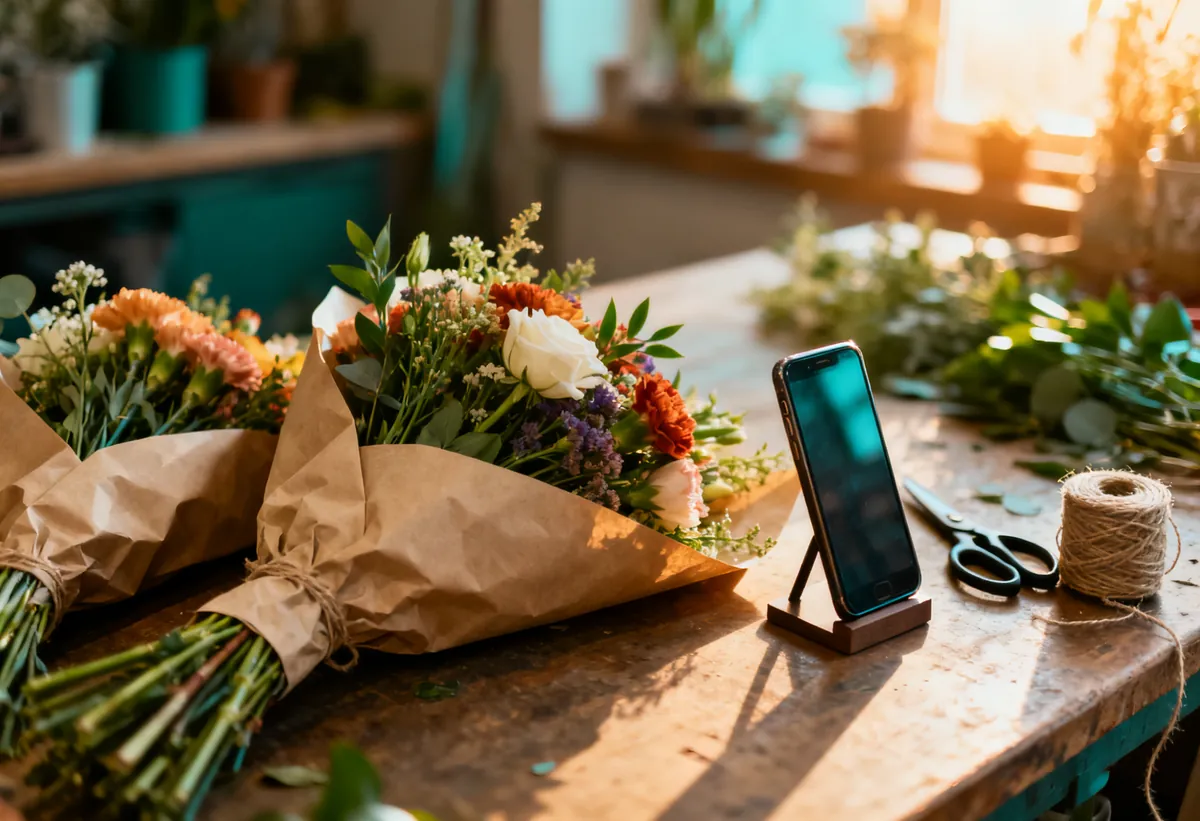 Établi de fleuriste avec bouquets en papier kraft et un téléphone sur son support