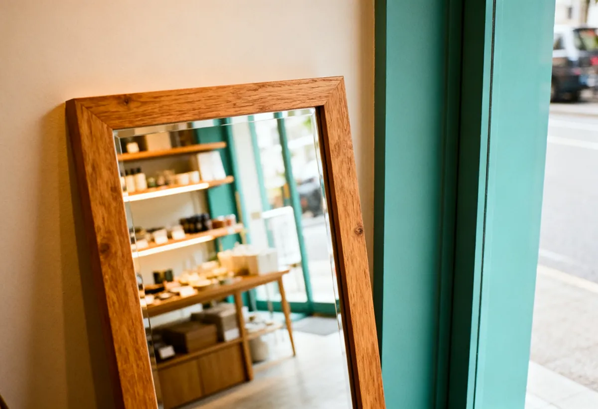 Miroir à cadre en bois reflétant l'intérieur lumineux d'une boutique