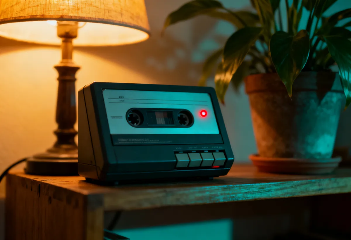 Répondeur à cassette posé sur une étagère en bois à côté d'une plante