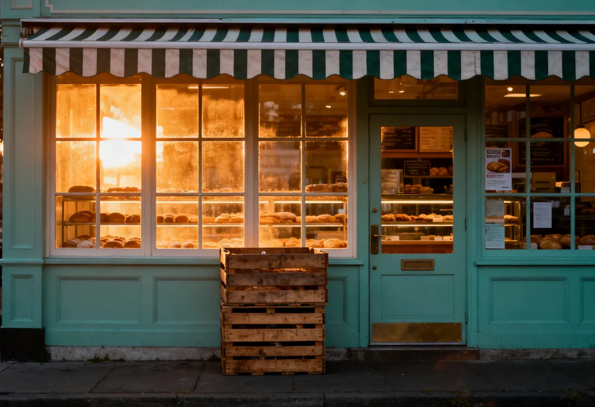 Façade de boulangerie à l'aube avec ses vitrines éclairées