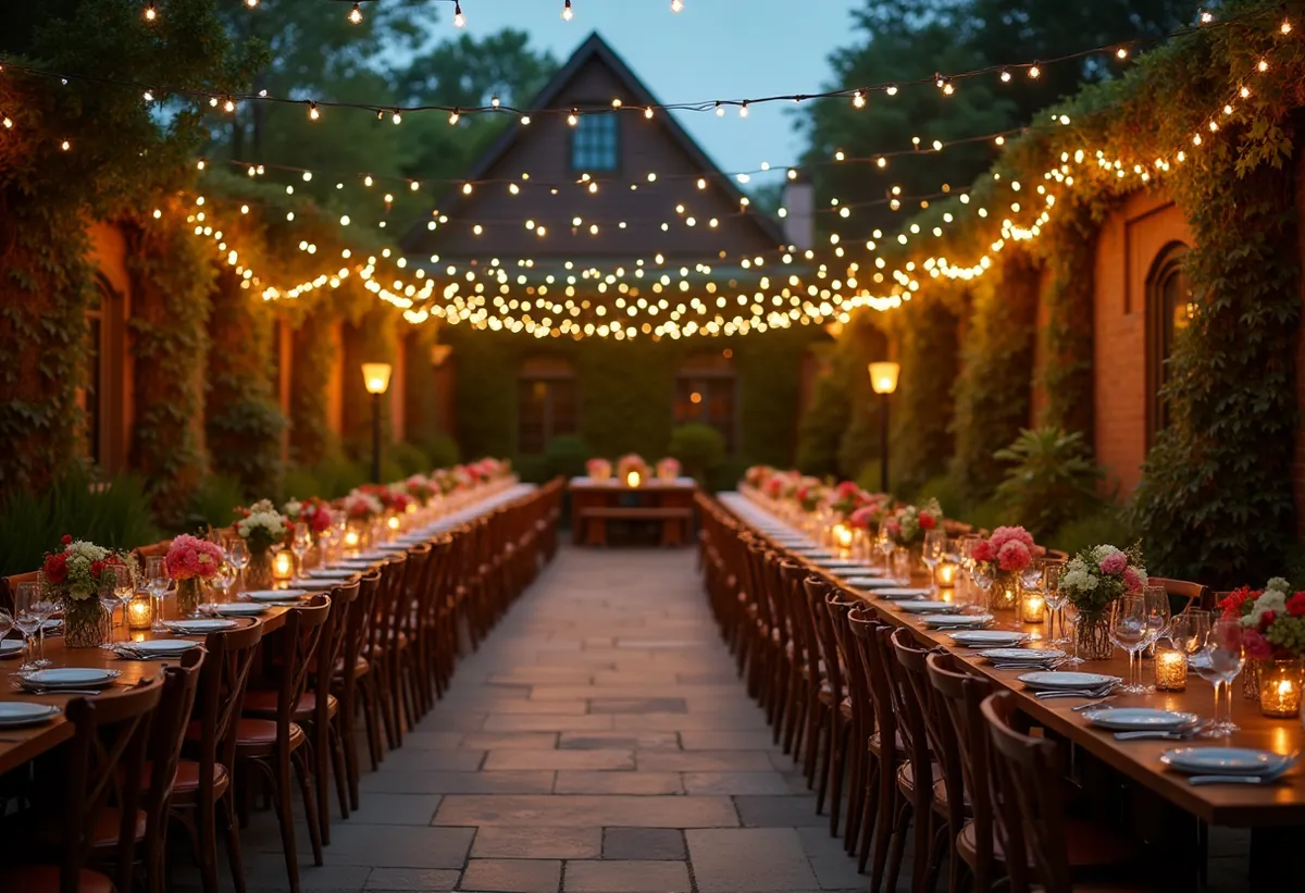 Terrasse de lieu de réception au crépuscule avec des guirlandes lumineuses