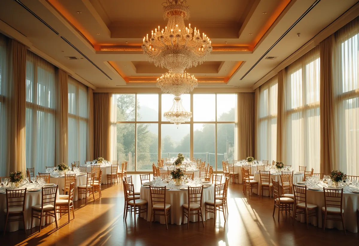Salle de réception élégante vide, avec lustres et tables rondes dressées