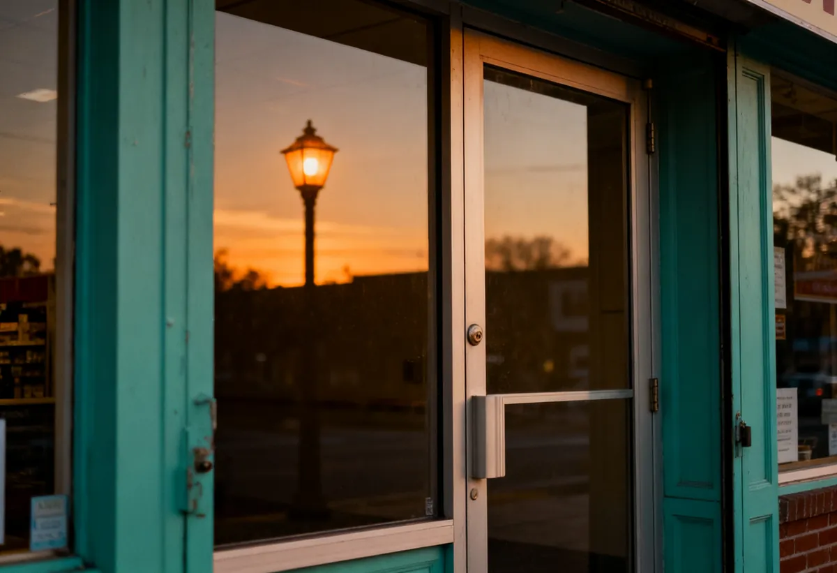 Porte de boutique fermée au crépuscule