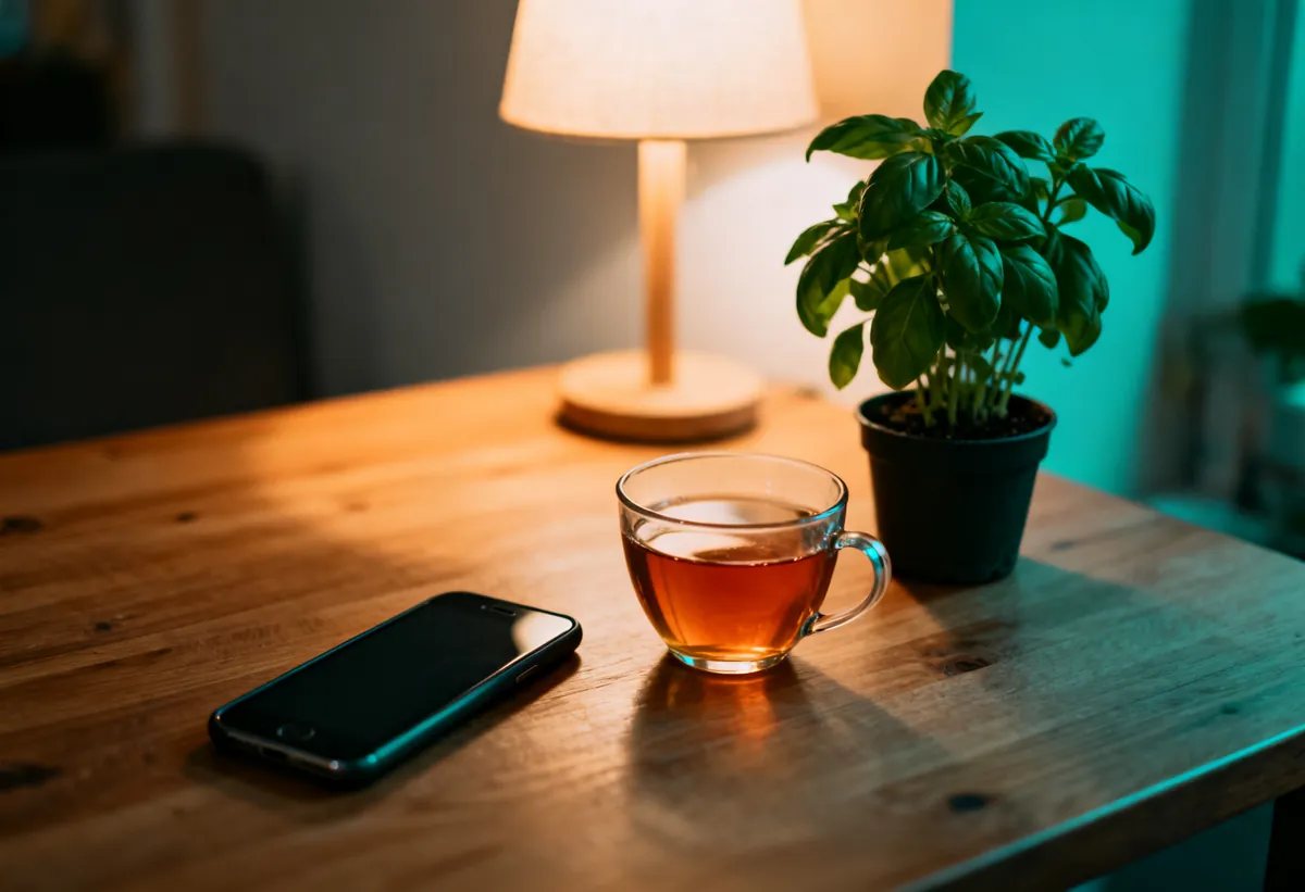 Téléphone posé face contre table à côté d'une tasse de thé, en soirée