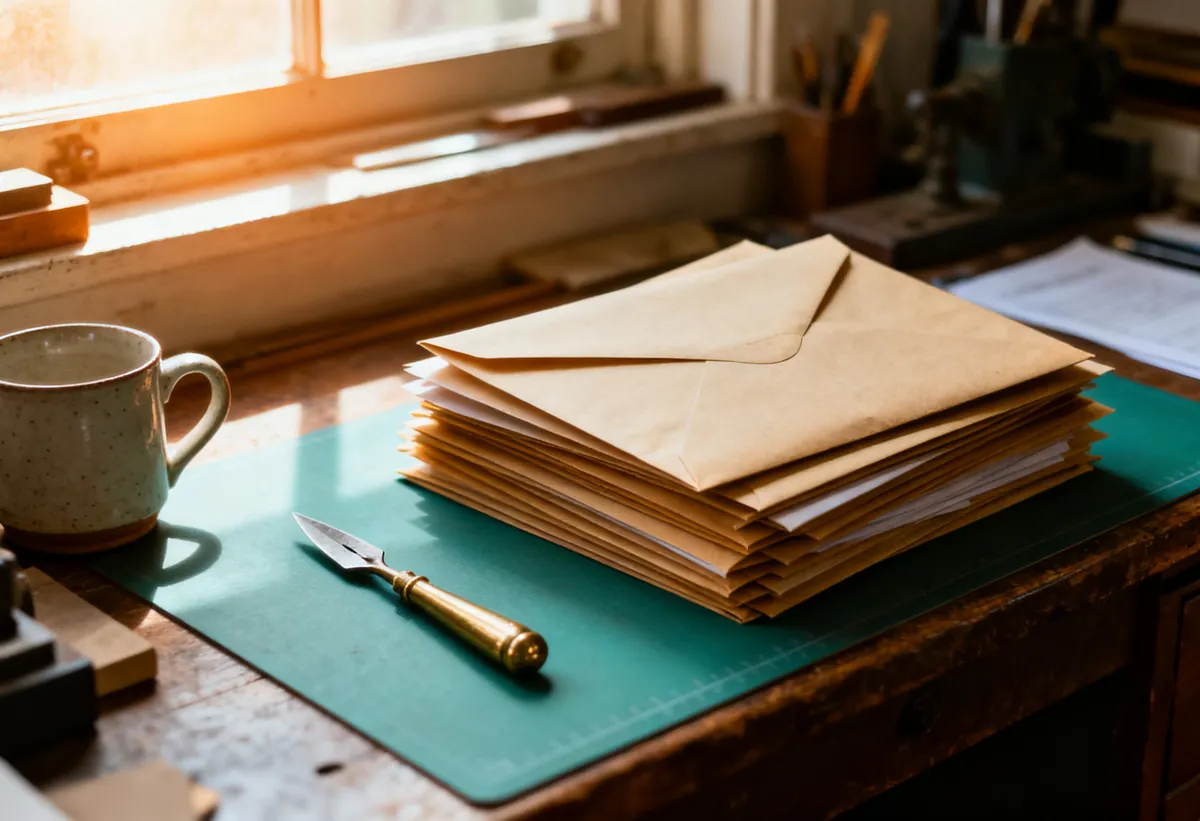 Bureau rangé avec une pile d'enveloppes et un coupe-papier en laiton