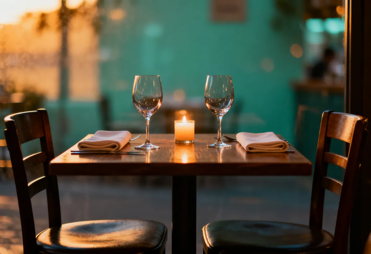 Table dressée pour deux, chaises vides, bougie allumée