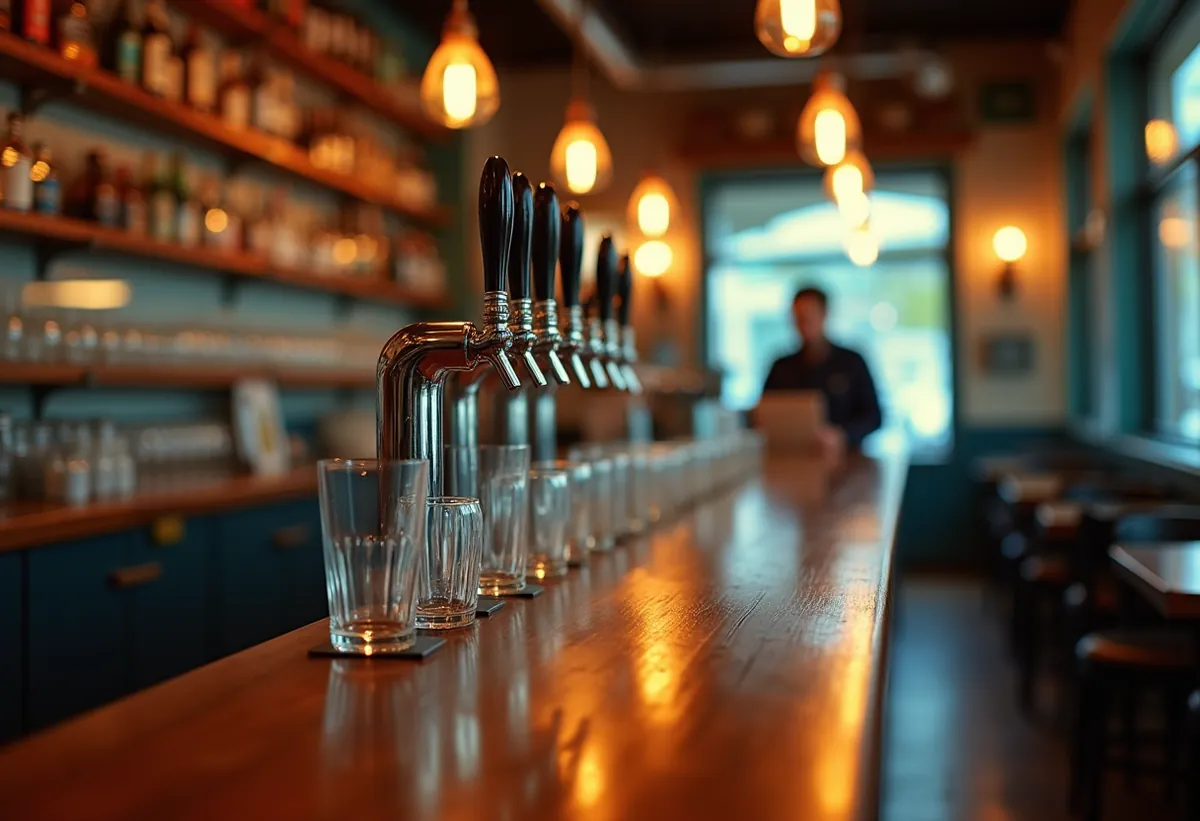 Comptoir de bar avec des pompes à bière et une caisse tactile floue