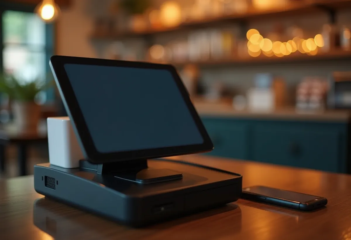 Caisse enregistreuse moderne sur un comptoir de restaurant, avec un téléphone à côté