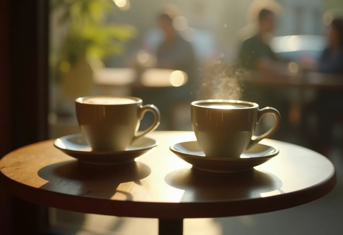 Deux tasses de café face à face sur une petite table de café
