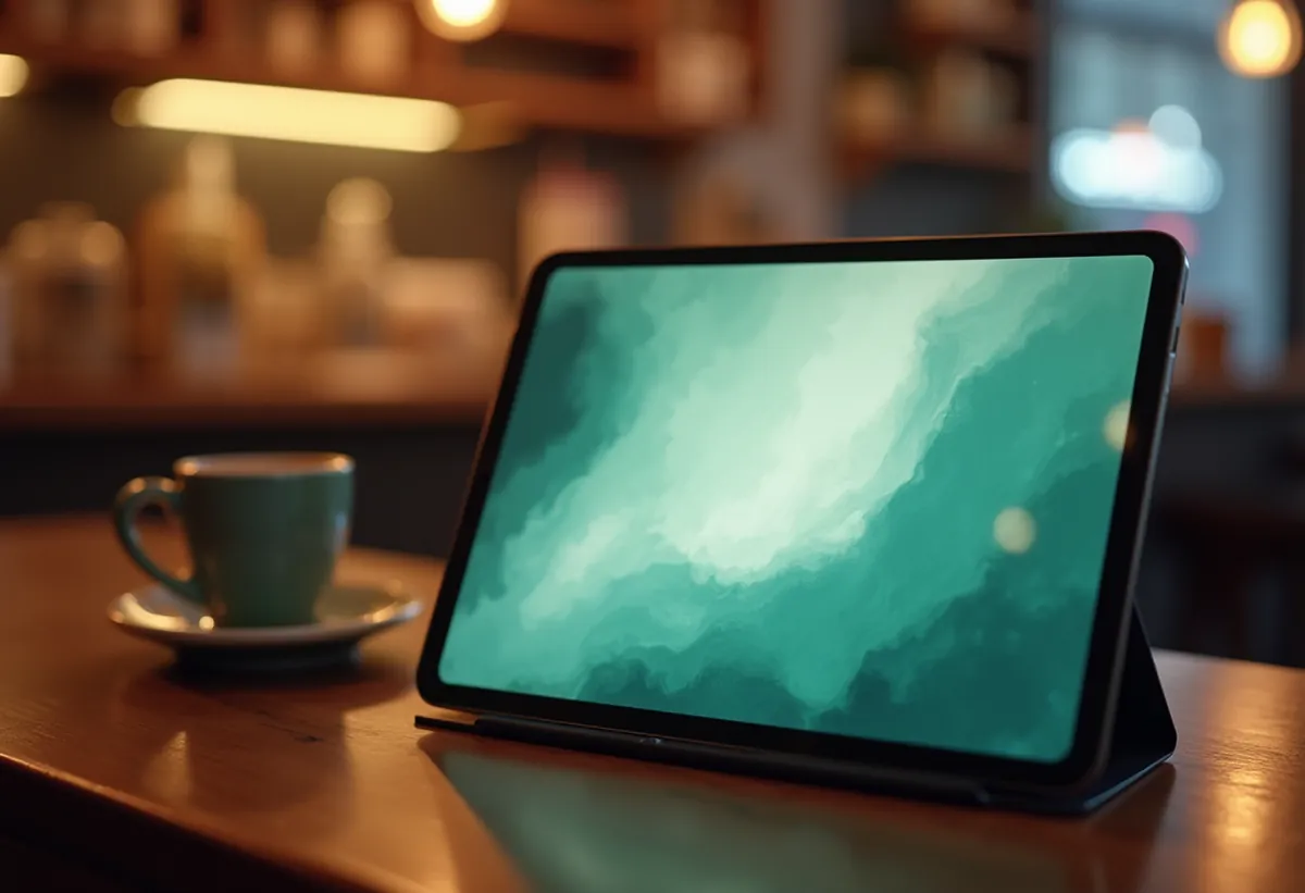 Tablette sur un support posée sur un comptoir de café, à côté d'une tasse