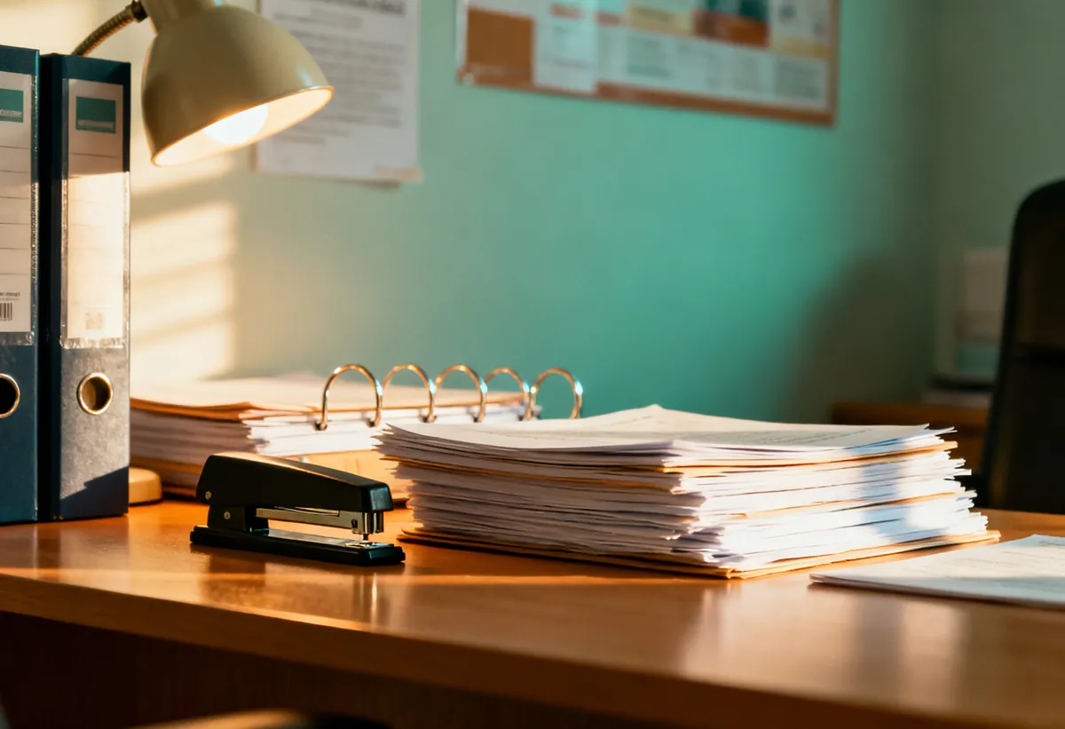Bureau avec dossiers, agrafeuse et classeur