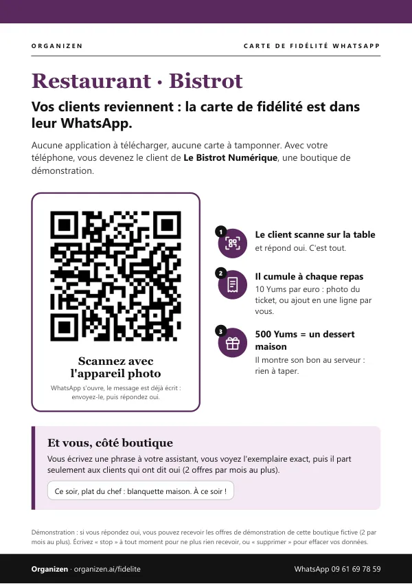 Affiche A4 de démonstration restaurant, bistrot : Le Bistrot Numérique, code QR WhatsApp « YUMS 6H8UMM93 », 3 gestes et 500 Yums = un dessert maison