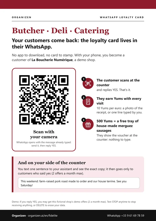 A4 demo poster for butcher, deli, caterer: La Boucherie Numérique, WhatsApp QR code "YUMS HZVL6Q7R EN", 3 steps and 500 Yums = a free tray of house-made merguez sausages