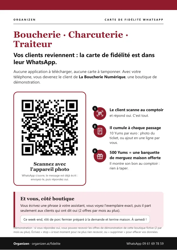 Affiche A4 de démonstration boucherie, charcuterie, traiteur : La Boucherie Numérique, code QR WhatsApp « YUMS HZVL6Q7R », 3 gestes et 500 Yums = une barquette de merguez maison offerte
