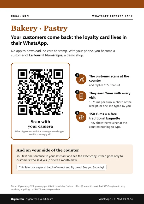 A4 demo poster for bakery, pastry shop: Le Fournil Numérique, WhatsApp QR code "YUMS MT48QQSZ EN", 3 steps and 150 Yums = a free traditional baguette