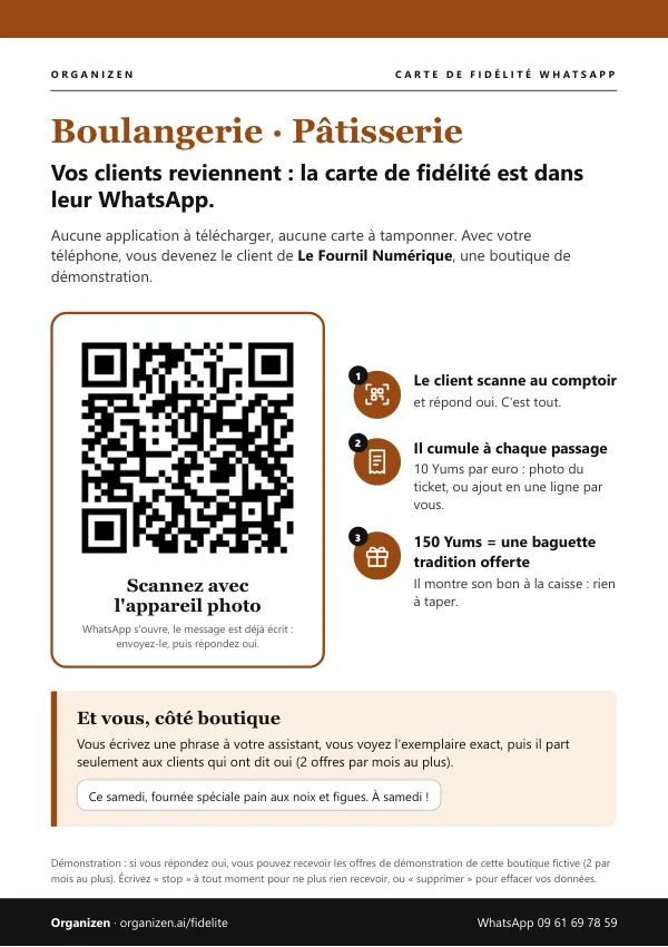 Affiche A4 de démonstration boulangerie, pâtisserie : Le Fournil Numérique, code QR WhatsApp « YUMS MT48QQSZ », 3 gestes et 150 Yums = une baguette tradition offerte