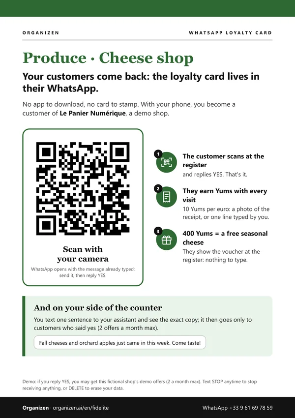 A4 demo poster for greengrocer, cheese shop: Le Panier Numérique, WhatsApp QR code "YUMS LS7M2USE EN", 3 steps and 400 Yums = a free seasonal cheese