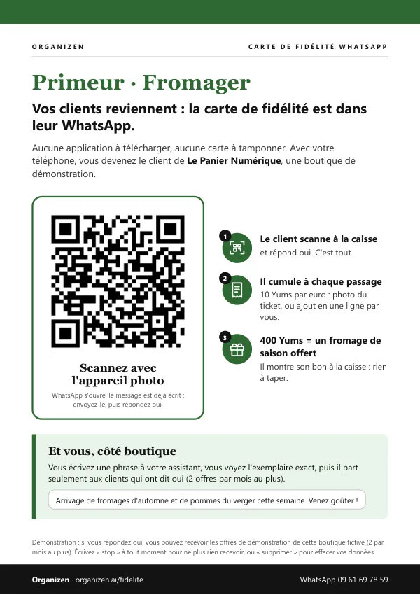 Affiche A4 de démonstration primeur, fromager : Le Panier Numérique, code QR WhatsApp « YUMS LS7M2USE », 3 gestes et 400 Yums = un fromage de saison offert