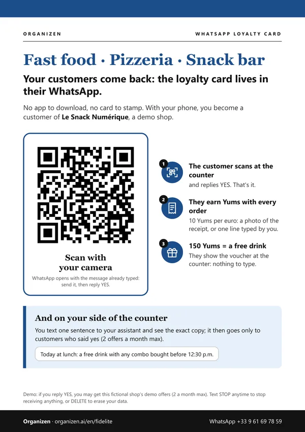 A4 demo poster for fast food, pizzeria, snack bar: Le Snack Numérique, WhatsApp QR code "YUMS D7UQ24N7 EN", 3 steps and 150 Yums = a free drink